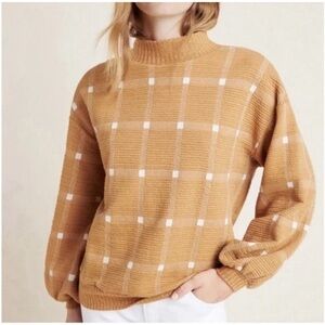Anthropologie Porridge Brown Checkered Sweater Balloon Sleeve Mockneck BN14